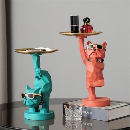 Creative Geometry Bulldog Figurine Home decor Art Sculpture Porch Cabinet Key Storage Box Nordic New Home Gift Resin Crafts Gift