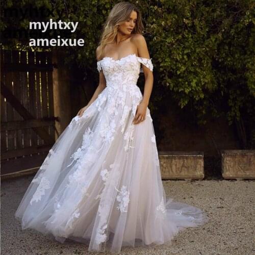 Cheap Sexy Lace Boho Wedding Dresses 2020 Off The Shoulder Appliques A Line Bride Dress Princess Wedding Gown Robe De Mariee
