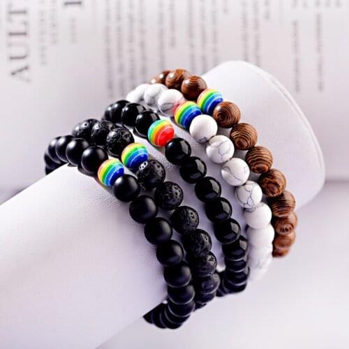 OIQUEI Rainbow Wooden Beads Charm Bracelet Men Women 2019 New Arrivals Elastic Natural Onyx Lava Stone Bracelets Yoga Jewelry