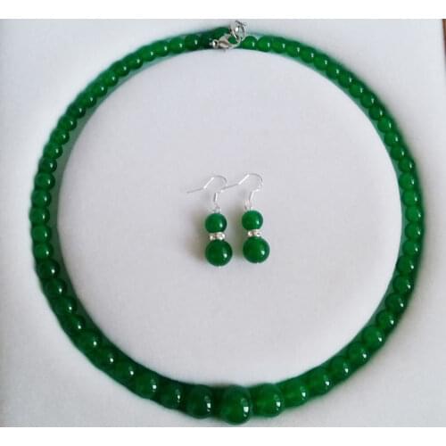 Fashion 6-14mm Real Green Jade Round Beads Necklace Earrings Jewelry Set 18"AAA