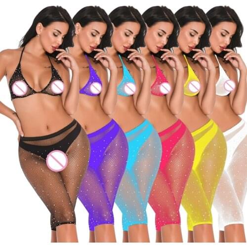 Sexy lingerie Female suit erotic underwear Transparent fishnet pantyhose female loose five pants small net bikini point drill