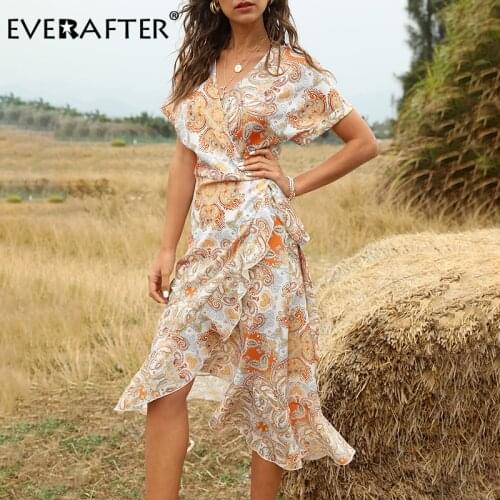 EVERAFTER V-neck Floral Print Women Dress Casual Short Sleeve Wrap Ruffle Sash Holiday Summer Beach High Waist Party Maxi Dress
