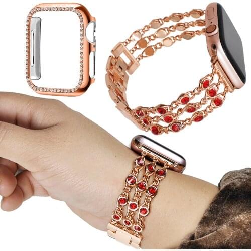 Strap for Apple Watch Band 44mm 40mm 42mm 38mm Stainless Steel Diamond Watchband Bracelet + Cover Case for iWatch accessories