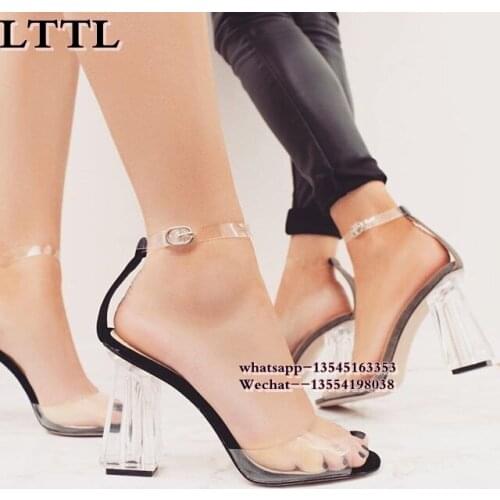 Crystal Shoes Women Fashion Ankle Strap High Heel Sandals Transparent Square Heel Sandals Summer open Toe Sexy Sandals