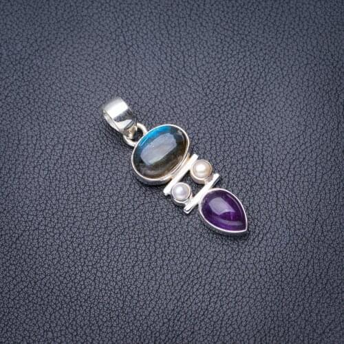 StarGems Natural Blue Fire Labradorite River Pearl And Amethyst Handmade 925 Sterling Silver Pendant 1.75" E3778