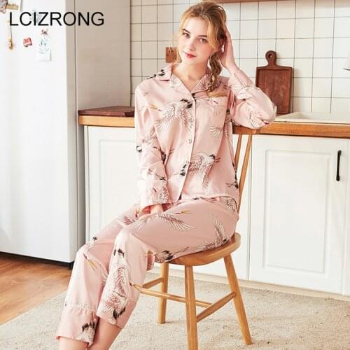 Spring 4 Colors Satin Pajama Sets Women Print Long Sleeve Cardigans Long Pants Homewear Elegant Ladies Sleepwear Nightgowns