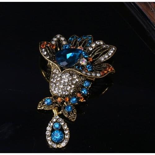 Vintage New Fashion Luxury Elegant Big Flower Brooches Rainbow Crystal Blue Red Rhinestone Brooch Lady Party Pins