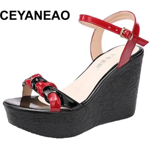 CEYANEAOFashion Patchwork Peep Toe Woman Shoe Summer 2021platform WomenS Leather Sandals Ladies Wedge Heel Sandals Female Shoes