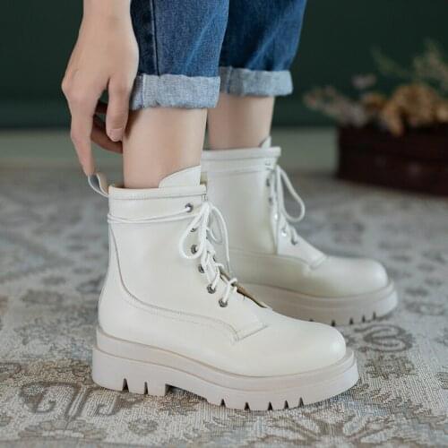 Autumn Women Boots Platform Thick Heel Ankle Boots Round Toe Lace Up Fashion Boots Winter Ladies Shoes Black Beige