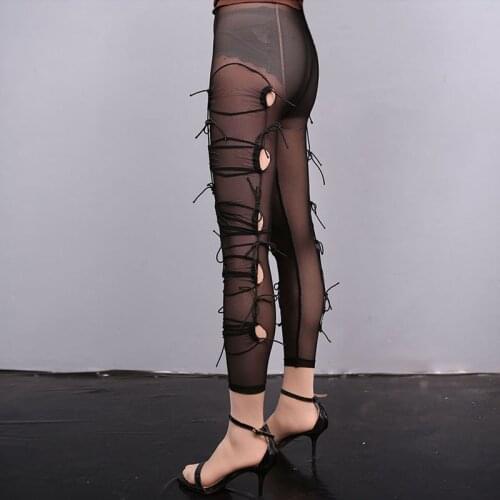 Women Sexy Tights Fishnet Opening Leggings Drawstring Black See Through Mesh Bottoms Ladies Bandage Nightclub Party Pant Custom