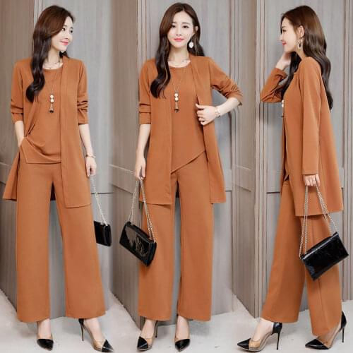 Trousers Suit Female For Spring Autumn 2021 New Fashion Solid Indie Folk Woman Sets 3 Pieces Pullover O-Neck Pantsuits Clothes
