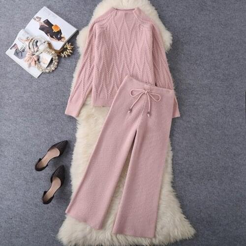 Ladies Dusty Pink Beige sweaters Two Pieces Set Sport Outfit New Suit knitwear Clothes