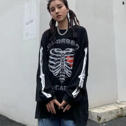 Skull letters retro print women sweatshirt gothic street hip-hop old watermark bf loose y2k tops oversized women sweatshirt 2021