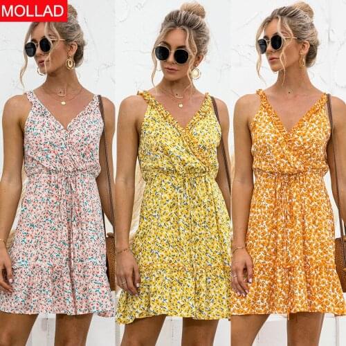 2021summer New Hot Sale Sexy V-neck Spaghetti-Strap Ruffle Floral Dress Summer Women Dresses