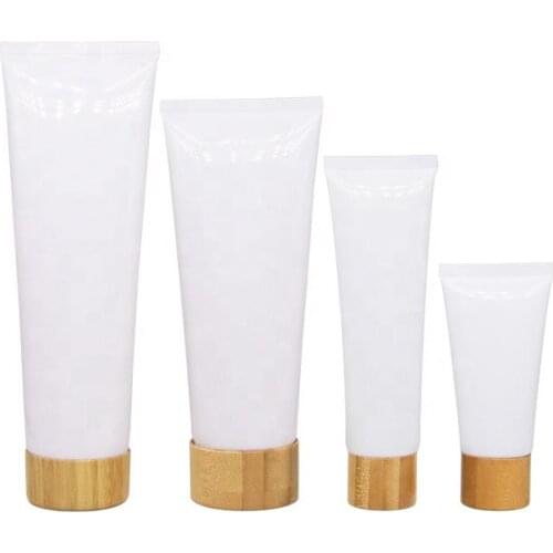 150G 150ML Empty White Plastic Squeeze Tube Natural Bamboo Wood Screw Lid Cosmetic Packaging Container Frosted Refillable Bottle