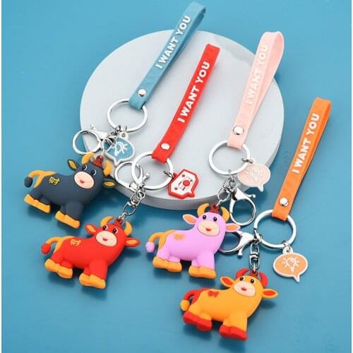 2021 cartoon year of the ox keychain new year small gifts zodiac ox key chain car bag key ring ornaments
