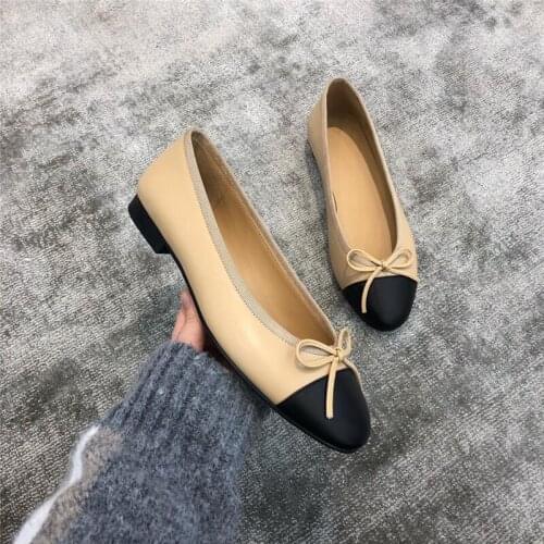 Ballet Low Heels Shoes Woman Basic 2021 Two Color Splicing Round Toe Leather Bow Classic Tweed Cloth Work Shoes Women Shoes Pump