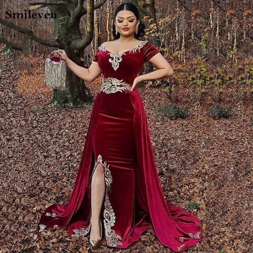 Smileven Burgundy Velvet Mermaid Morocco Caftan Evening Dress Sexy V Neck Outfit Prom Dresses Split Formal Evening Party Dress