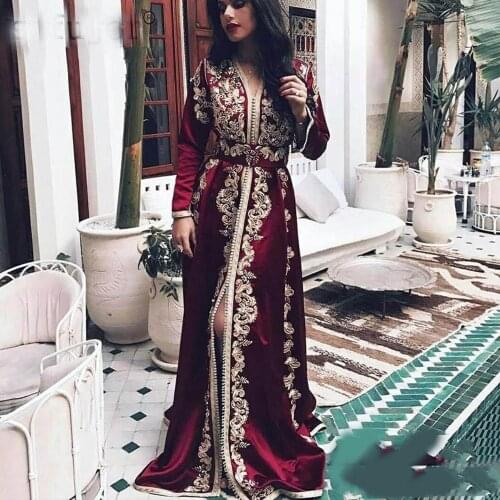 Burgundy Moroccan Kaftan Evening Dresses Long Sleeves Lace Appliques Muslim Prom Arabic Muslim Special Occasion Formal Party