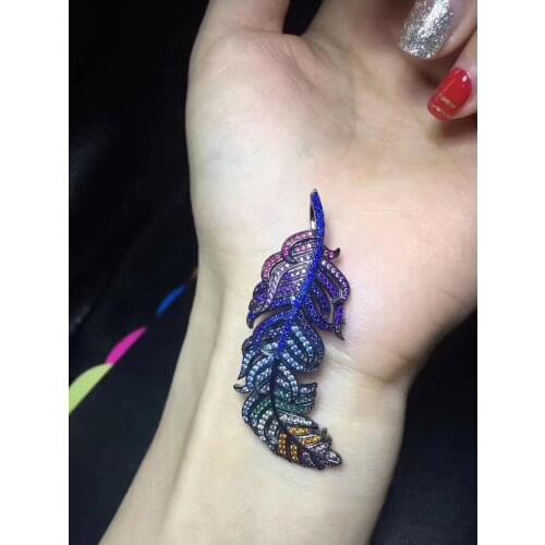 925 sterling silver multi color feather brooch and pendant double use fine wowen jewelry free shipping