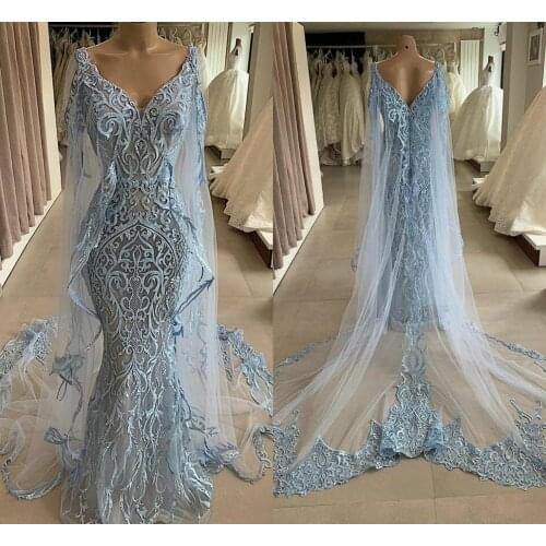 Elegant Mermaid Prom Dresses With Wrap Lace Appliqued V Neck Beads Light Blue Evening Gowns Long Formal Glitz Pageant Dress