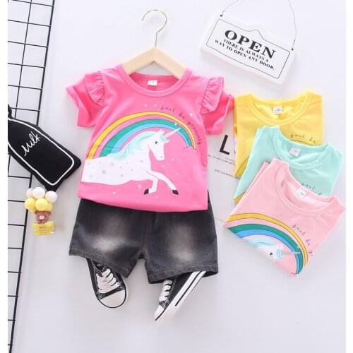 Summer Children Cotton T-shirt and Shorts 2pcs Set Fashion Clothing Set Girls Unicorn Short-sleeve Tees and Short Pants