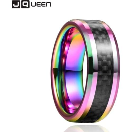 JQueen 8mm Colorful Inlaid Black Carbon Fiber Tungsten Carbide Ring Wedding Band for Men Comfort Fit Rings Engagement Jewelry