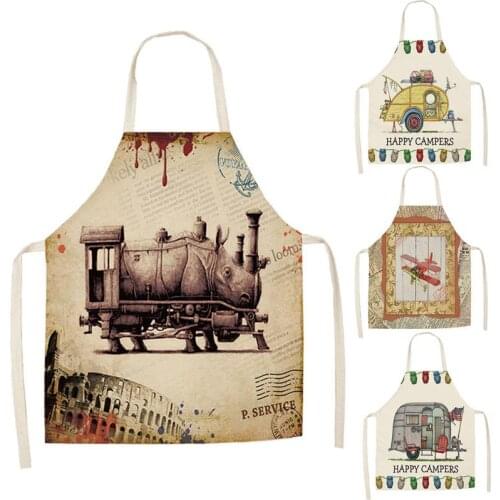 Kitchen Apron Train Car Printed Sleeveless Transportation Cotton Linen Aprons for Men Women Home Cleaning Tools WQ116