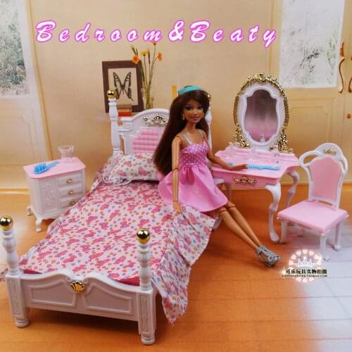 Doll furniture for Barbie doll Girl birthday gift DIY toys pink princess bed dresser cupboard doll accessories