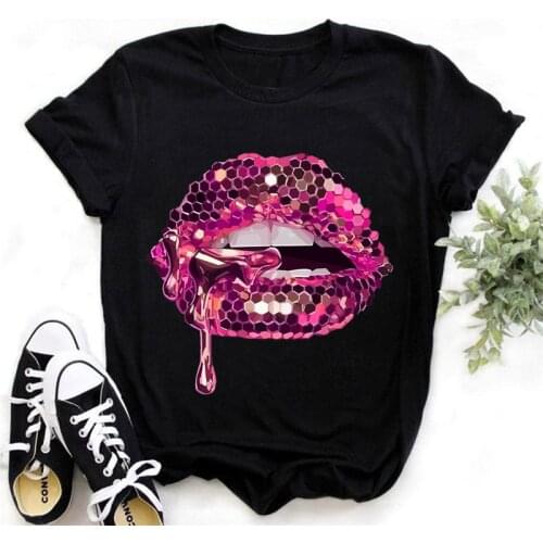 2021 Hot Sale Vogue Black T Shirt Women Pink Glitter Lips Graphic Print Tshirt Femme Luxurious Makeup Sexy T-Shirt Haut Femme