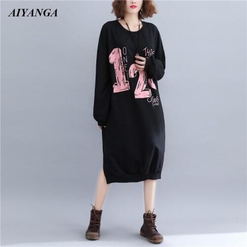2018 Plus Size Womens clothing Dress Female Letter Print Autumn Winter Loose Dresses Casual Pockets Back Dress For Woman