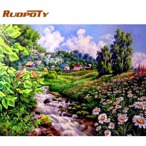 RUOPOTY Frame Picture By Numbers Kits For Adults Children Handmade Spring Flower Road Scenery Painting By Number Home Wall Art
