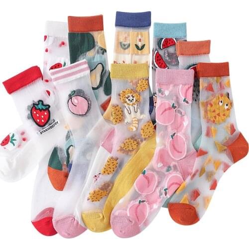 1Pair Korean Thin Silk Socks Crystal Transparent Socks Summer Thin Transparent Womans Cute Socks Fruit Animal Pattern