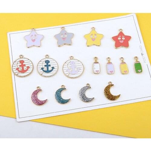 Kawaii Enamel Alloy Charms 10pcs/Lot Cute Smiling Star Round Anchor Glitter Moon Milk Bottle Earring Pendant Alloy Charm Craft