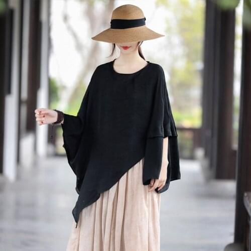 LZJN Womens Summer Short Sleeve Loose Shirt Irregular Draped Hem Cotton Linen Pullover Tops Female Blouse