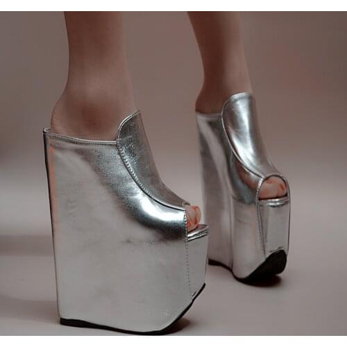 Women Platform Sandals Peep Toe Wedge Heel Mules Summer Sexy Sandals for Woman Super High Black Leather Slides 17 cm