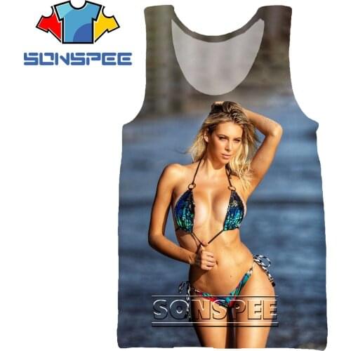 SONSPEE 3D Sexy Bikini Printed Vest Bodybuilder Naked Car Model Goddess Outdoor Sports Leisure Fashion Sleeveless Mens T-shirt