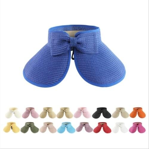 Collapsible Korean Version Empty Top Sun Protection Straw Hat Shading Solid Color Bow Women Summer Beach Hat Visor Cap
