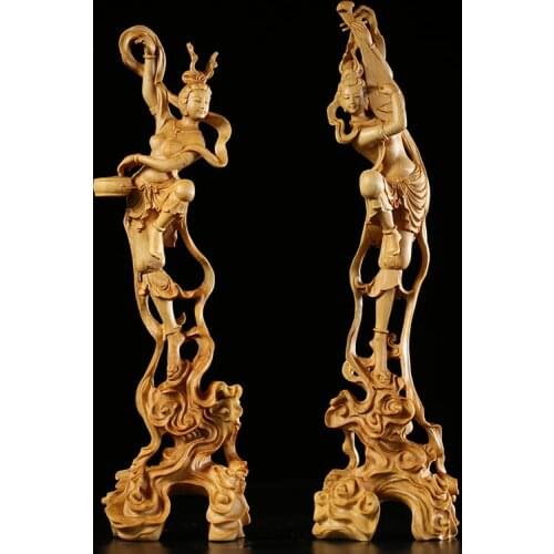 Boxwood 24CM Dunhuang Flying Fairy Sculpture Maiden Figure Collection Mythical Beauty Wood Statue home decor