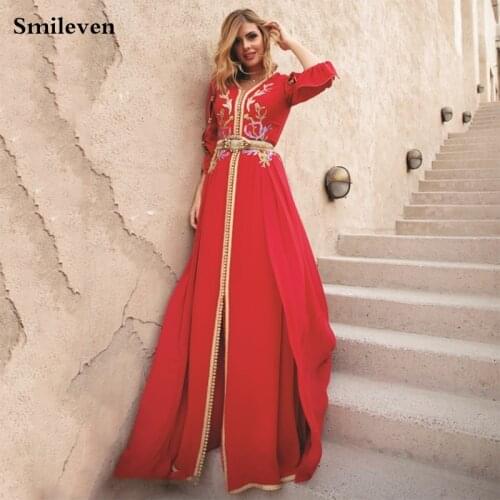 Smileven Elegant Red Moroccan Kaftan Evening Dress Long Sleeve Gold Lace Muslim Party Dress Long Dubai Special Occasion Dresses
