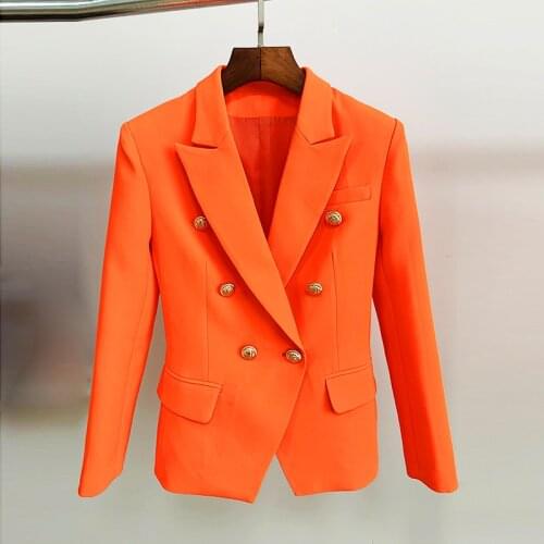 HIGH STREET Classic Baroque Designer Blazer Womens Metal Lion Buttons Double Breasted Blazer Orange