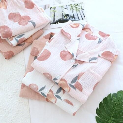 Fdfklak Spring Autumn Hot Sale 2020 Peach Printing Full Length Pajama Set 2 Piece Crepe Double Gauze Womens Home Service