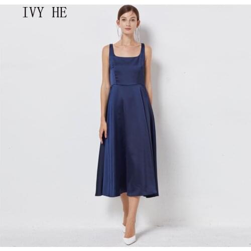 IVY HE High Quality Summer Dress Woman Clothing Office Lady Sexy Sling Satin Holiday Midi Long Dress Traf Robe ZA Party Dresses