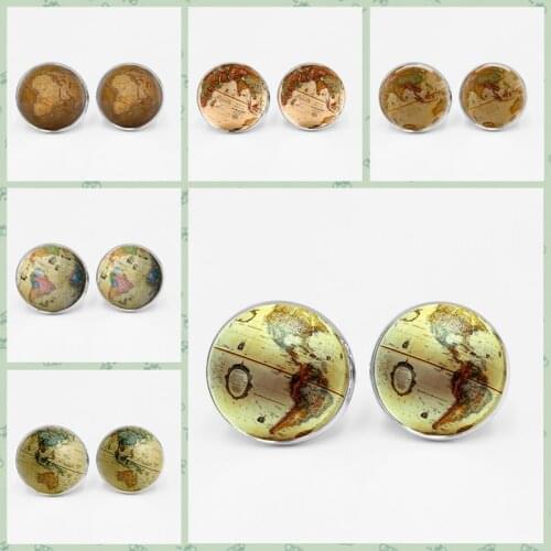 Earth World Map Seven Oceania Time Glass Cufflinks Globe Retro Map Mens Shirt Charm Globe Cufflinks DIY Photo Customization