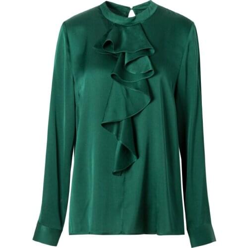 2019 Autumn Female 100% Mulberry Silk Ruffles Long Sleeve Real Silk Stand Collar T-shirt M L XL Free Shipping