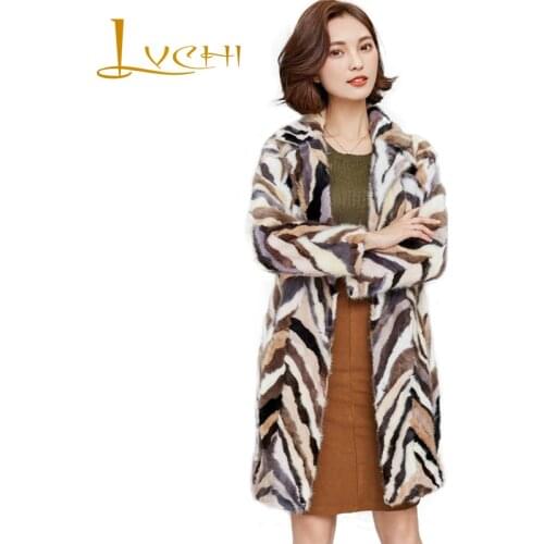 LVCHI Women Stylish Female Winter Coat Fashion Turn-Down Collar Real Fur Mink Coat Medium Lady Slim Patchwork Mink Fur Outwear