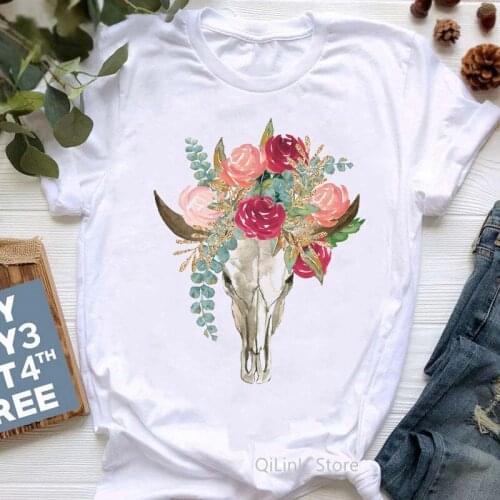 Floral Cow/Horse Animal Printed Vintage T Shirt Women Fashion Street Wear Summer White Short Sleeve O-Neck Top Female T-Shirt