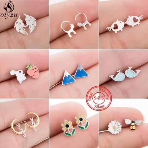 925 Sterling Silver Asymmetric Bee Sunflower Stud Earrings for Women Cute Leaf Cat Whale Earring Pendientes Kids Fine Jewelry