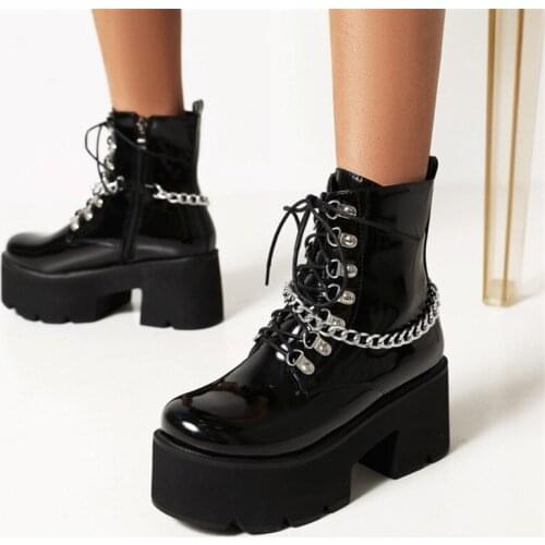PXELENA Plus Size 35-43 Metal Chain Combat Motorcycle Biker Martin Boots Women Chunky Block High Heels Thick Sole Platform Shoes