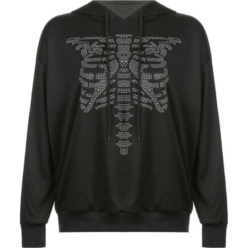 Women Gothic Black Long Sleeve Hoodies Rhinestone Skeleton Breastbone Pattern Drawstring Sweatshirt Harajuku Loose Tops
